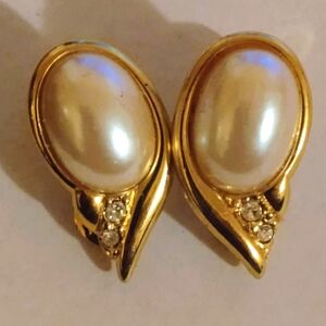 Vintage MONET Teardrop Earrings with Faux Pearl and Rhinestones, Clip-on Earring